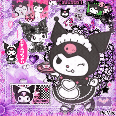 A Picture Of A Cartoon Character Called Kuromi Holding A Cup Of Coffee GIF