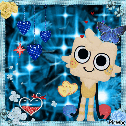 A Picture Of A Cartoon Character Surrounded By Hearts And Butterflies With The Watermark Picmix GIF