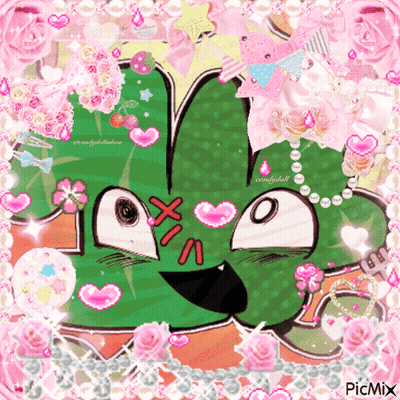 A Picture Of A Cartoon Character Surrounded By Pink Flowers And Pearls With The Hashtag Picmix At The Bottom GIF