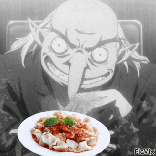 A Picture Of A Cartoon Character With A Plate Of Food In Front Of It That Says Picmix On It GIF
