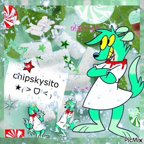 A Picture Of A Cartoon Character With A Sign That Says Chipskysito On It GIF