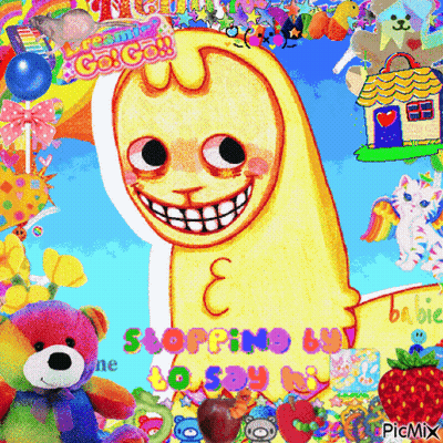 A Picture Of A Cartoon Character With A Smiley Face And The Words Stop Being Ugly To Say Hi GIF