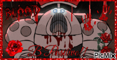 A Picture Of A Cartoon Character With Blood Coming Out Of His Mouth And The Words Blood B Rossel On The Bottom GIF