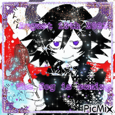 A Picture Of A Cartoon Character With Purple Eyes And The Words " Fog Is Coming " GIF