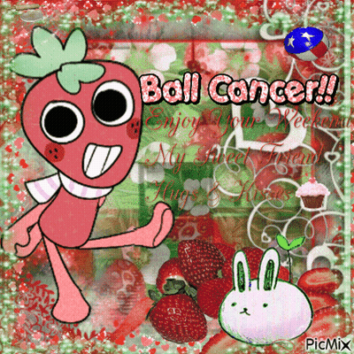 A Picture Of A Cartoon Character With Strawberries And The Words Ball Cancer GIF
