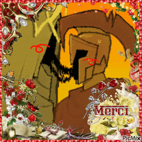 A Picture Of A Cartoon Character With The Word Merci In The Corner GIF