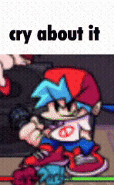 A Picture Of A Cartoon Character With The Words `` Cry About It '' Written On It . GIF