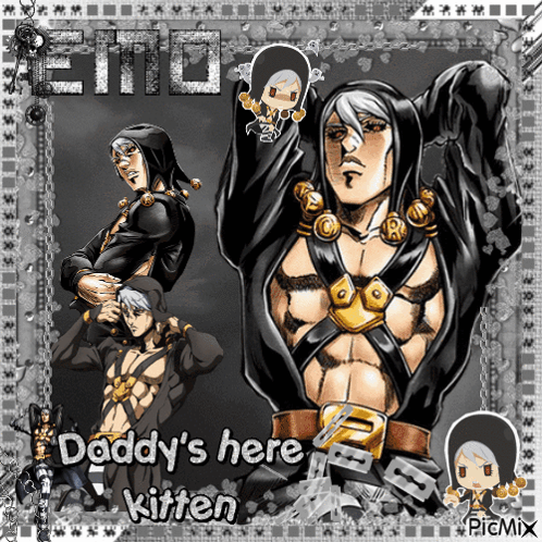 A Picture Of A Cartoon Character With The Words Daddy 'S Here Kitten On It GIF