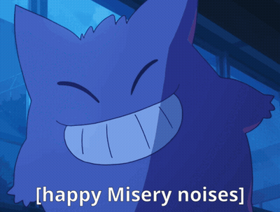 A Picture Of A Cartoon Character With The Words Happy Misery Noises GIF