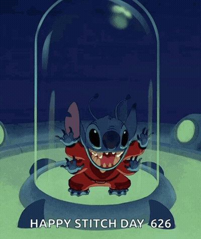A Picture Of A Cartoon Character With The Words Happy Stitch Day 626 GIF