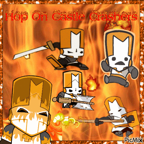 A Picture Of A Cartoon Character With The Words Hop On Castle Crashers On The Top GIF