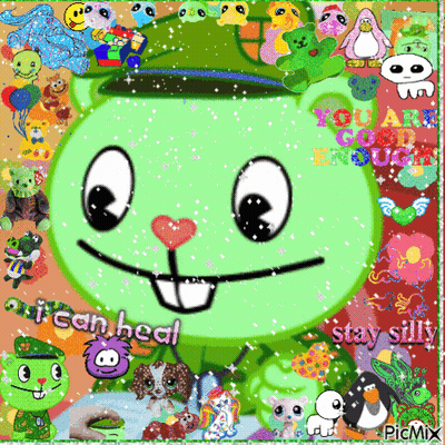 A Picture Of A Cartoon Character With The Words " I Can Heal Stay Silly " On It GIF