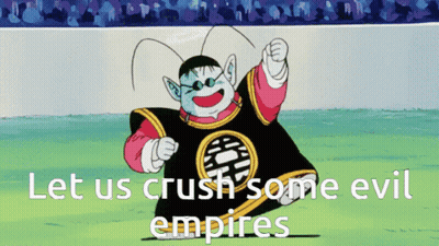 A Picture Of A Cartoon Character With The Words Let Us Crush Some Evil Empires GIF