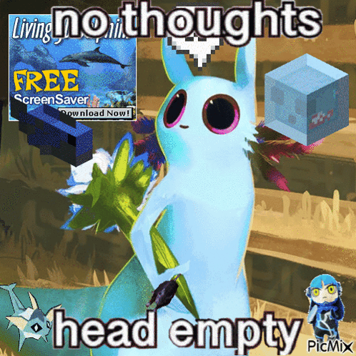 A Picture Of A Cartoon Character With The Words Living No Thoughts Head Empty On It GIF