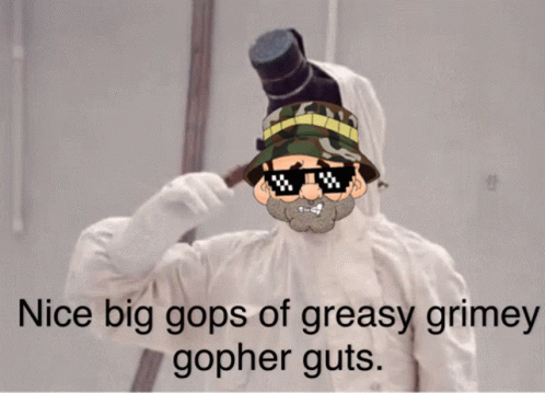 A Picture Of A Cartoon Character With The Words Nice Big Gops Of Greasy Grimey Gopher Guts Below Him GIF