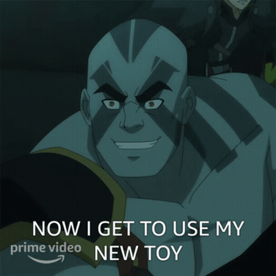 A Picture Of A Cartoon Character With The Words Now I Get To Use My New Toy GIF