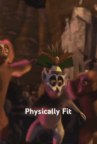 A Picture Of A Cartoon Character With The Words " Physically Fit " Below It GIF
