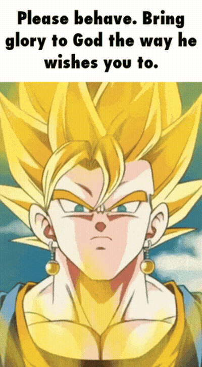 A Picture Of A Cartoon Character With The Words " Please Behave Bring Glory To God The Way He Wishes You To " On The Bot GIF