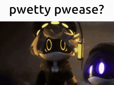 A Picture Of A Cartoon Character With The Words Pwetty Pwease Written Above It GIF