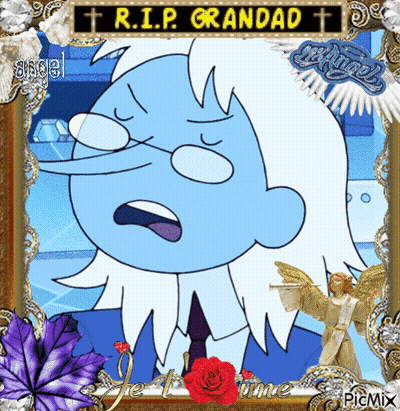 A Picture Of A Cartoon Character With The Words " Rip Grandad " Above It GIF