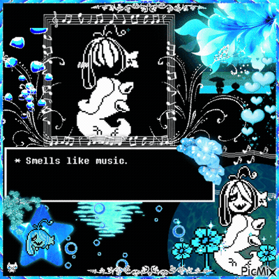 A Picture Of A Cartoon Character With The Words Smells Like Music On It GIF