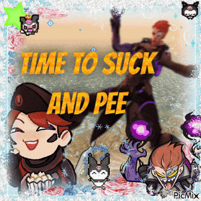 A Picture Of A Cartoon Character With The Words Time To Suck And Pee On It GIF