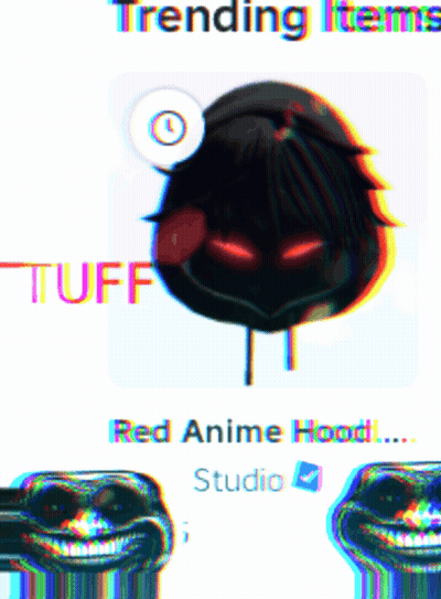 A Picture Of A Cartoon Character With The Words Trending Items Tuff And Red Anime Hood Studio GIF
