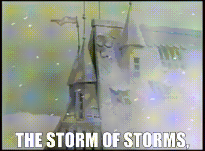 A Picture Of A Castle In The Snow With The Words The Storm Of Storms GIF