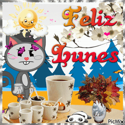 A Picture Of A Cat And A Cup Of Coffee With The Words Feliz Lunes On It GIF