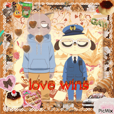 A Picture Of A Cat And A Police Officer With The Words Love Wins Written On It GIF