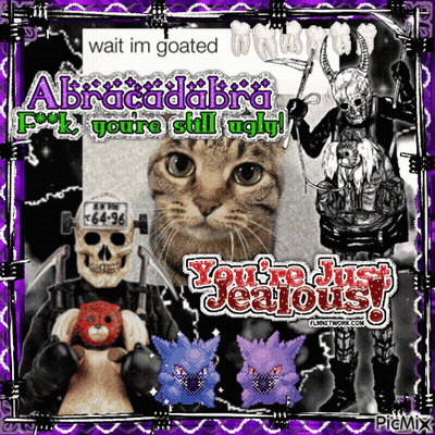 A Picture Of A Cat And A Skeleton With The Caption " Wait Im Goated Abracadabra " GIF