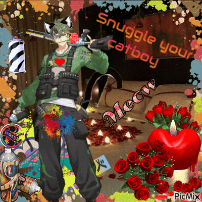 A Picture Of A Cat Boy With The Words Snuggle Your Catboy Written On It GIF