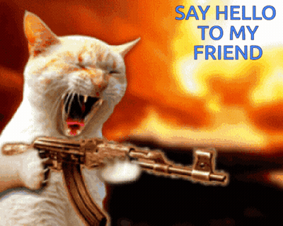 A Picture Of A Cat Holding A Gun With The Words Say Hello To My Friend Above It GIF