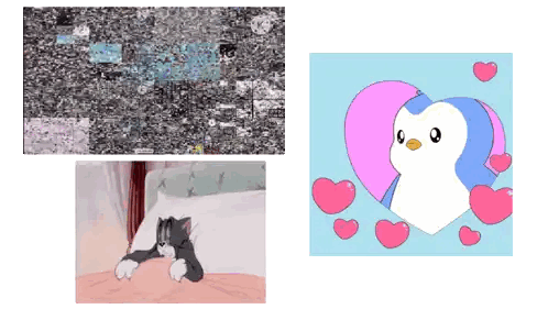A Picture Of A Cat Laying On A Bed Next To A Picture Of A Penguin And Hearts Sticker