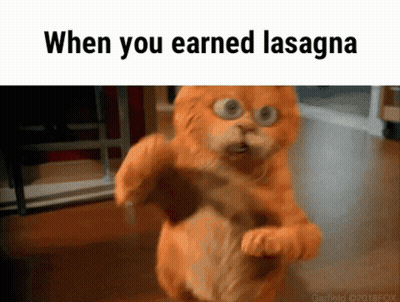 A Picture Of A Cat That Says When You Earned Lasagna On It GIF