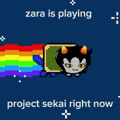 A Picture Of A Cat With A Rainbow Behind It And The Words " Zara Is Playing Project Sekai Right Now " GIF