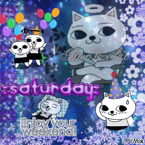 A Picture Of A Cat With Balloons And The Words Saturday GIF