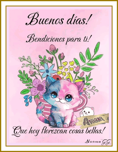 A Picture Of A Cat With Flowers And The Words Buenos Dias GIF