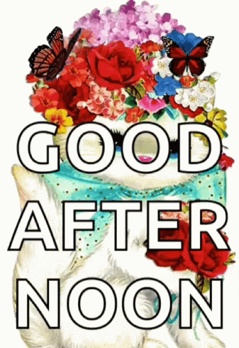 A Picture Of A Cat With Flowers On Its Head And The Words Good After Noon GIF