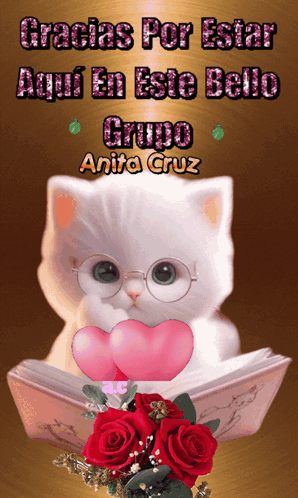 A Picture Of A Cat With Glasses Holding A Heart And The Words Gracias Por Estar Aqui En Este Bello Grupo Anita Cruz GIF