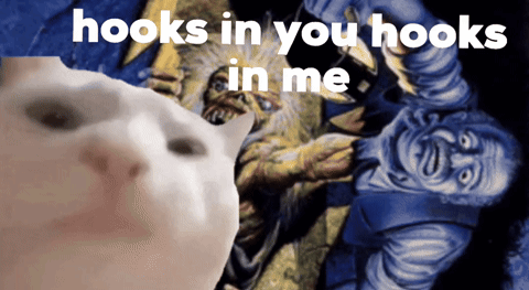 A Picture Of A Cat With The Words Hooks In You Hooks In Me On The Bottom GIF