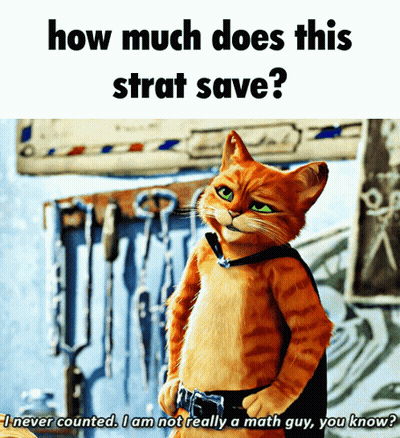 A Picture Of A Cat With The Words How Much Does This Strat Save GIF