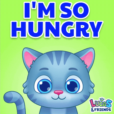 A Picture Of A Cat With The Words I 'M So Hungry GIF