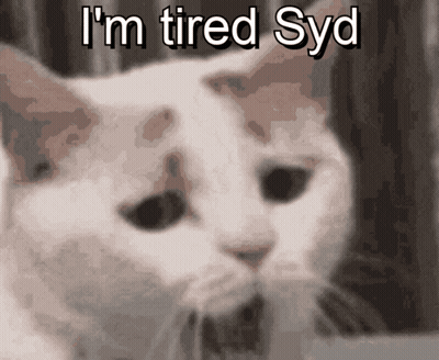 A Picture Of A Cat With The Words I 'M Tired Syd GIF