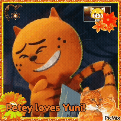 A Picture Of A Cat With The Words " Petey Loves Yuni " On It GIF