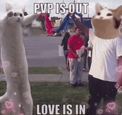 A Picture Of A Cat With The Words Pvp Is Out Love Is In Above It GIF