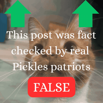 A Picture Of A Cat With The Words " This Post Was Fact Checked By Real Pickles Patriots " Above It GIF
