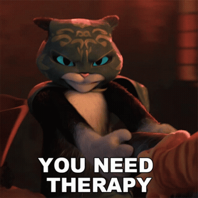 A Picture Of A Cat With The Words " You Need Therapy " On It GIF