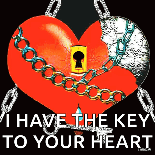 A Picture Of A Chained Heart With The Words " I Have The Key To Your Heart " Below It GIF