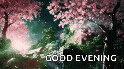 A Picture Of A Cherry Blossom Tree With The Words `` Good Evening '' Written Below It . GIF